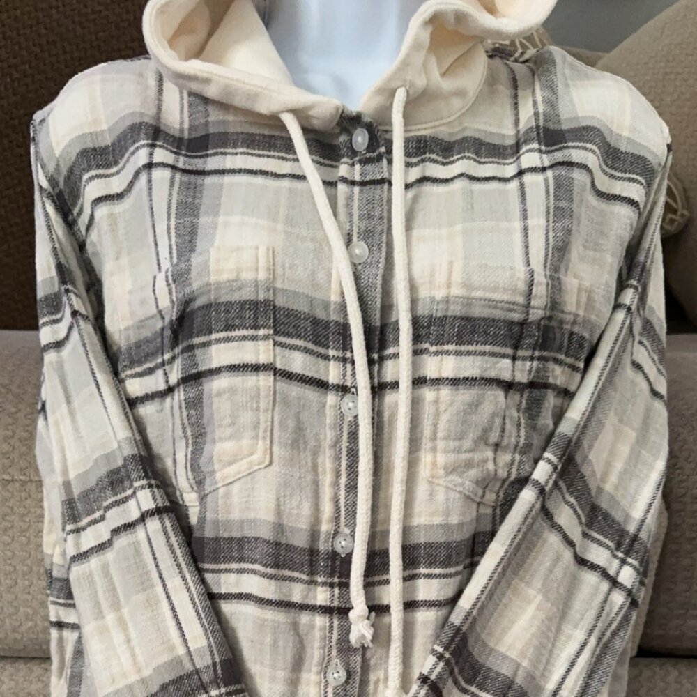 American Eagle Woman's Button Down Gray and Cream Hoodie